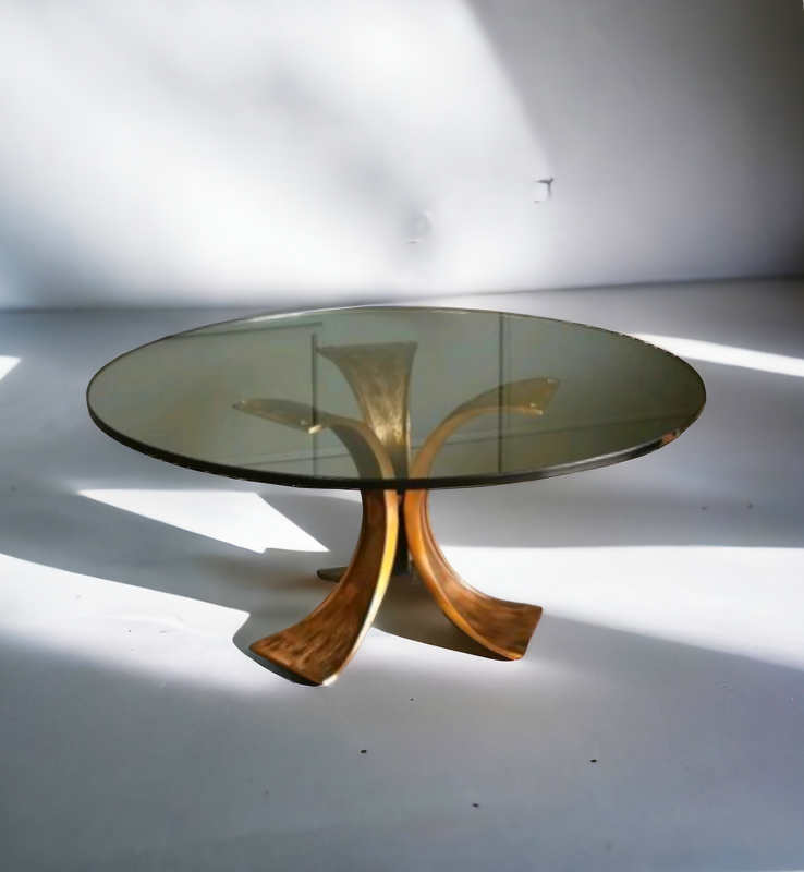 F 364 JC Brutalist bronze and glass coffee table by L. Frigerio 1970s