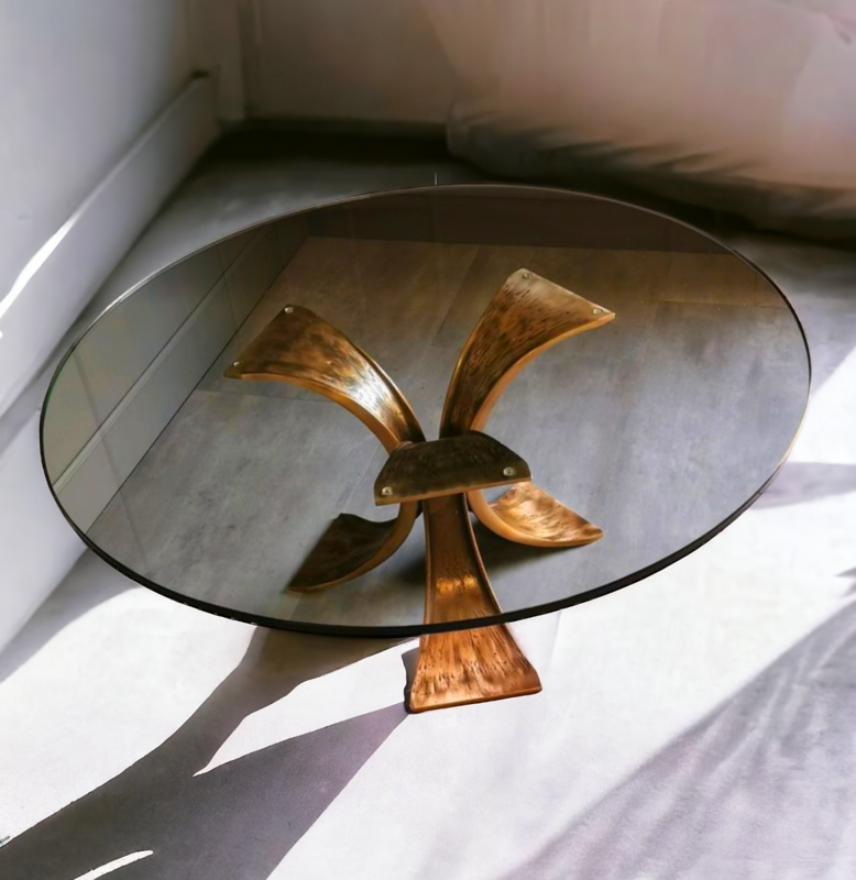 F 364 JC Brutalist bronze and glass coffee table by L. Frigerio 1970s