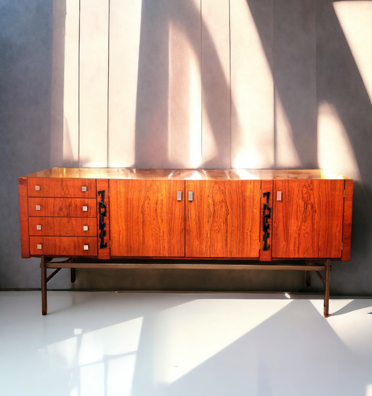 F 393 JC Highboard in rosewood with a Brutalist copper enamel applications, by Alfred Hendrickx for Belform, 1970s