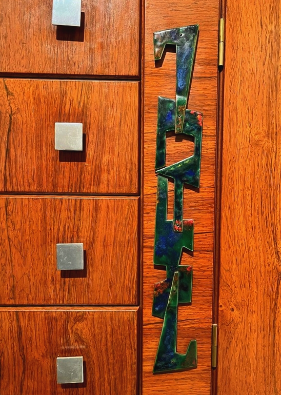 F 393 JC Highboard in rosewood with a Brutalist copper enamel applications, by Alfred Hendrickx for Belform, 1970s