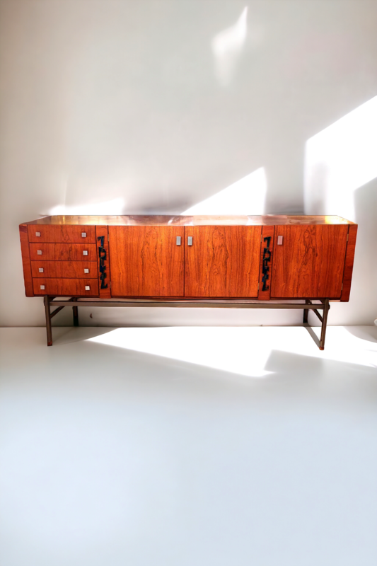 F 393 JC Highboard in rosewood with a Brutalist copper enamel applications, by Alfred Hendrickx for Belform, 1970s