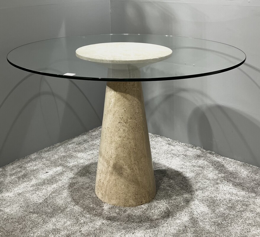 F 393 PL round travertine and glass table 