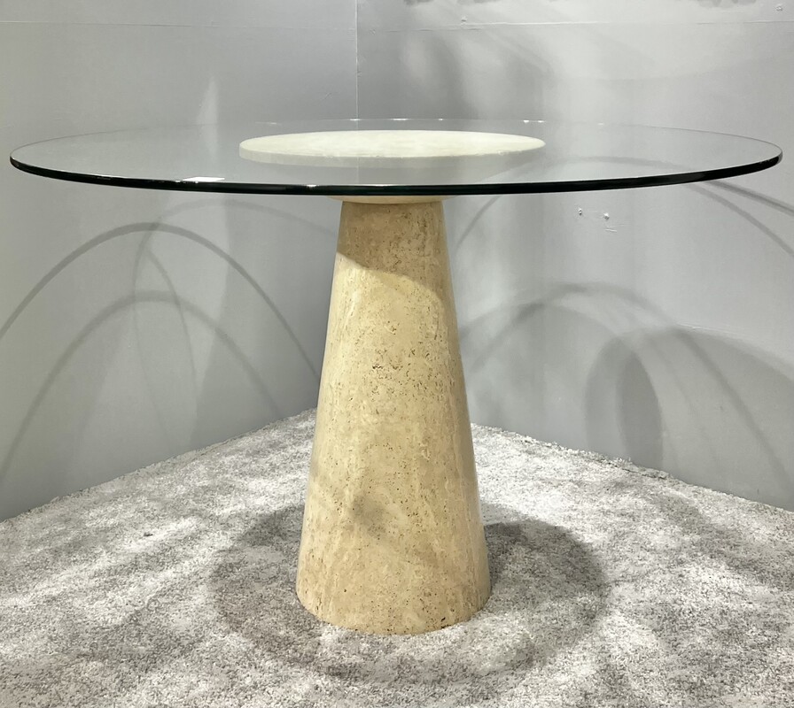 F 393 PL round travertine and glass table 