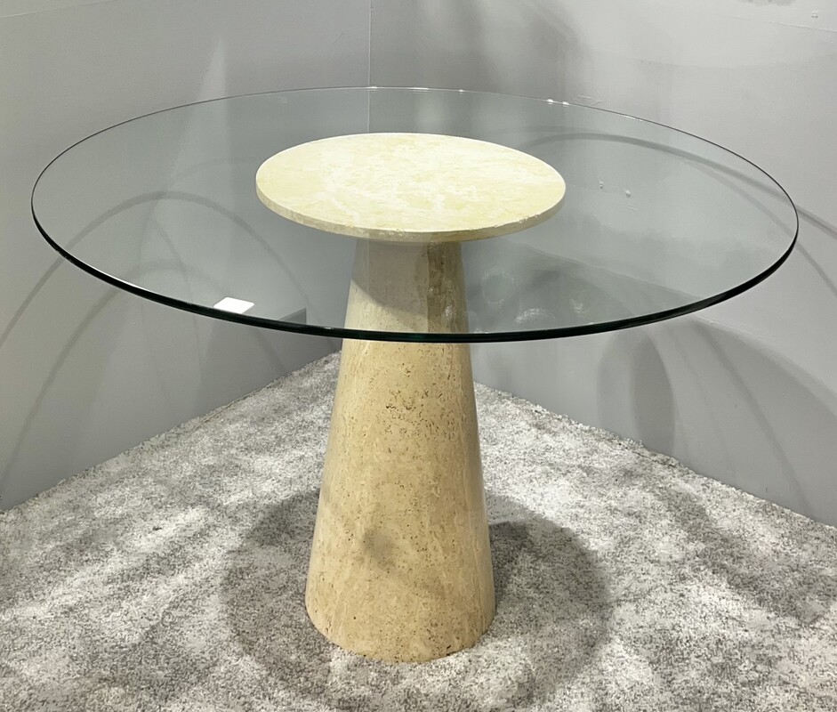 F 393 PL round travertine and glass table 