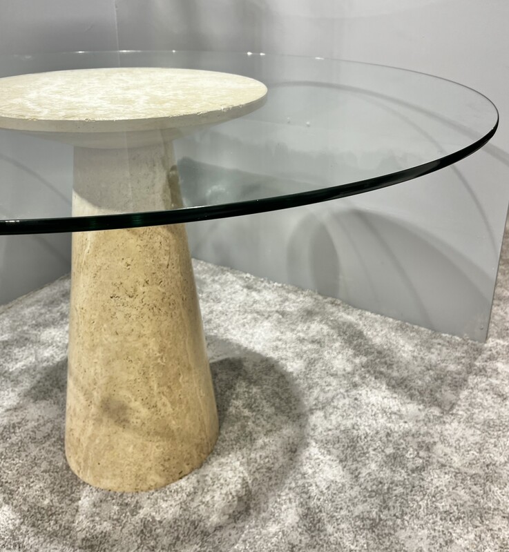 F 393 PL round travertine and glass table 