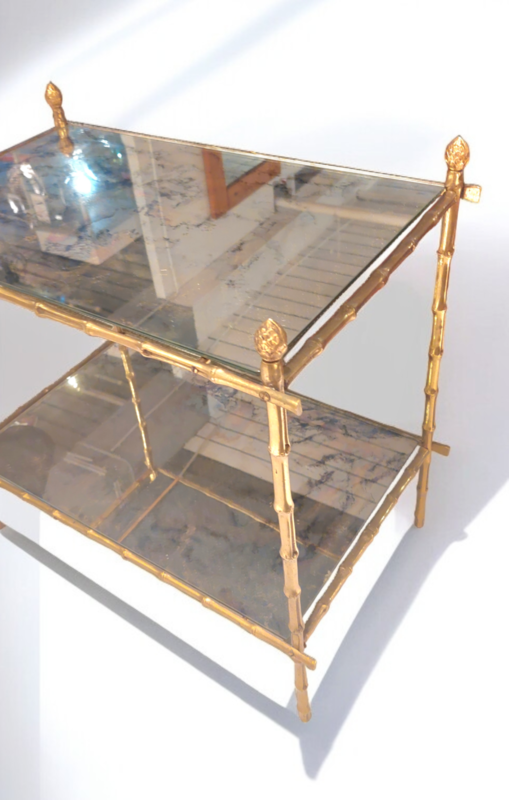 F 399 JC Gilt bronze faux bamboo and eglomisé mirror side table 1950s