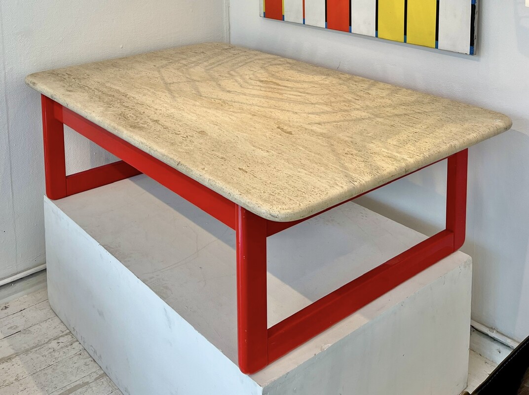 F 595 SC travertine and red laquered wood coffee table 