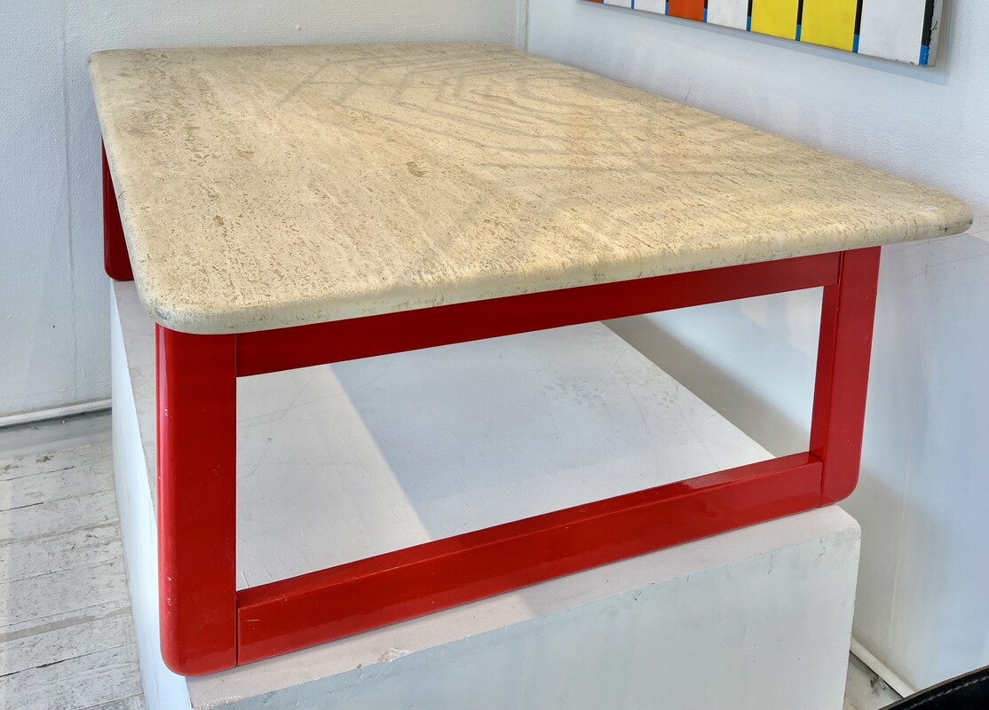 F 595 SC travertine and red laquered wood coffee table 