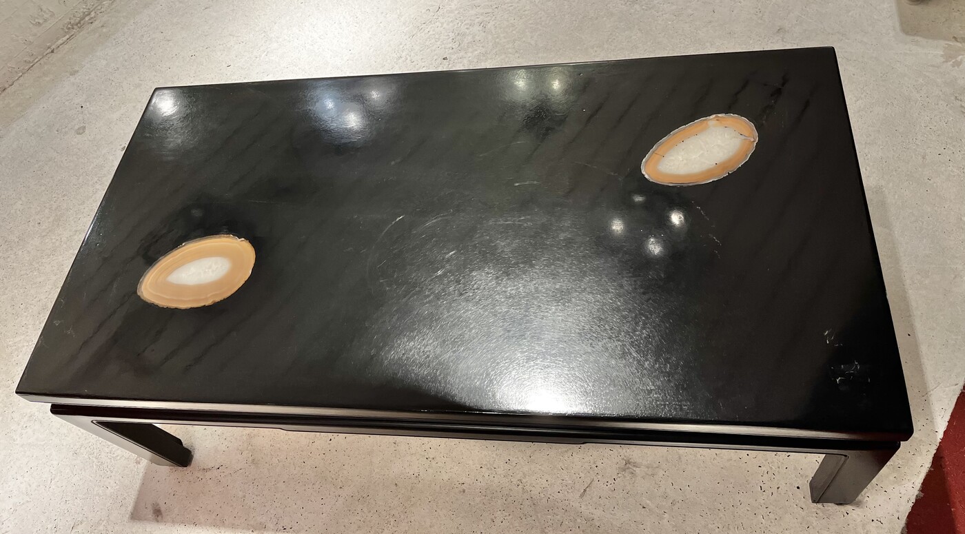 F 676 JB 1970s Coffee Table Black resin on blue stone with 2 Agates Belgian Design 1960-70s