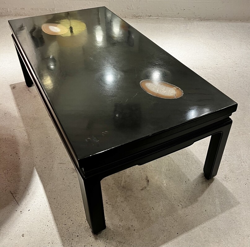 F 676 JB 1970s Coffee Table Black resin on blue stone with 2 Agates Belgian Design 1960-70s