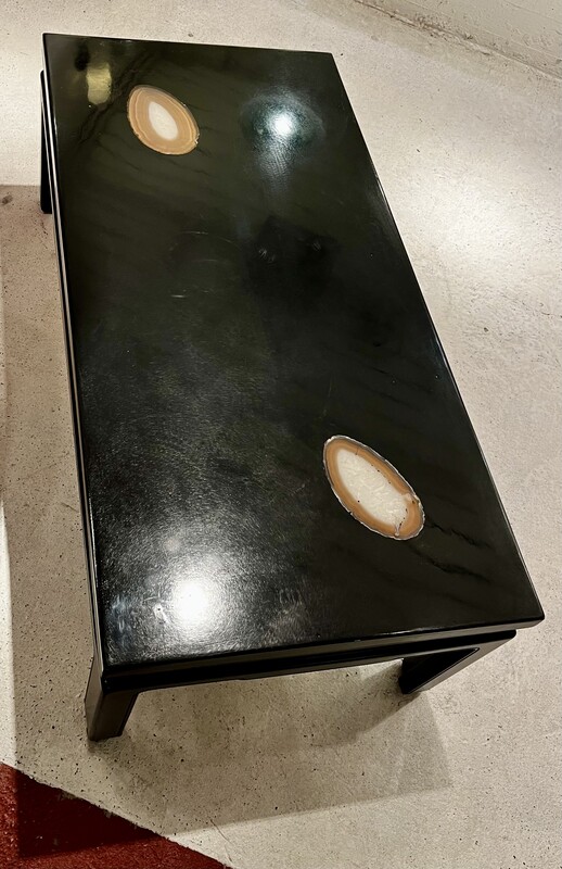 F 676 JB 1970s Coffee Table Black resin on blue stone with 2 Agates Belgian Design 1960-70s