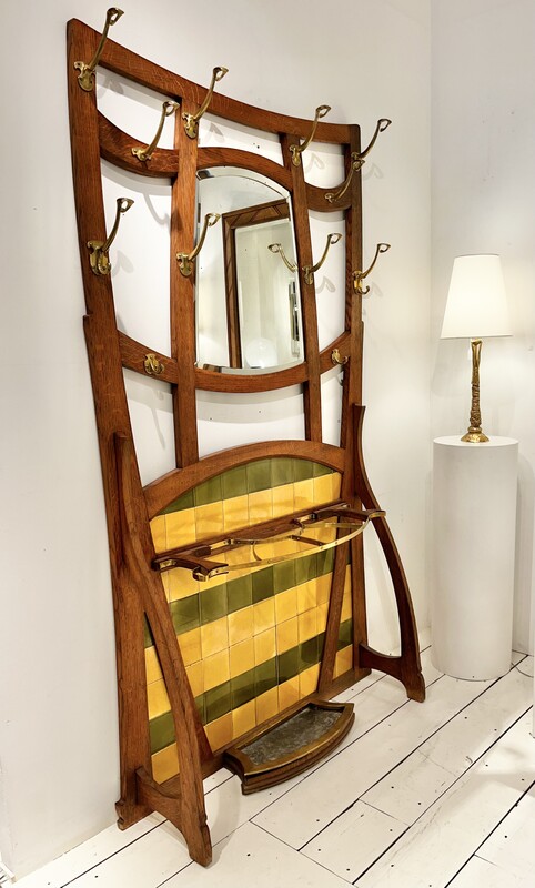 F 703 OB Rare Art Nouveau oak and ceramic tiles coat hanger by Serrurier Bovy, Belgium circa 1900