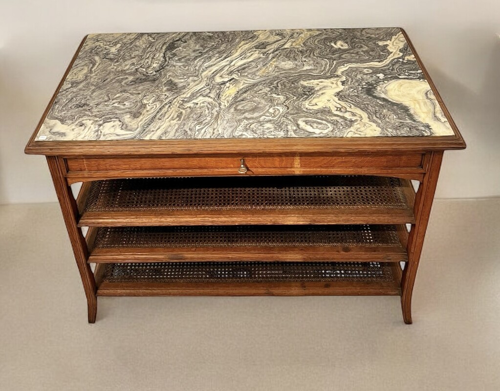 F 704 OB oak and cane console with marble top, circa 1900