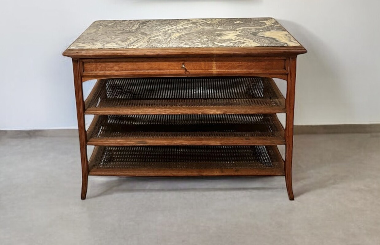 F 704 OB oak and cane console with marble top, circa 1900