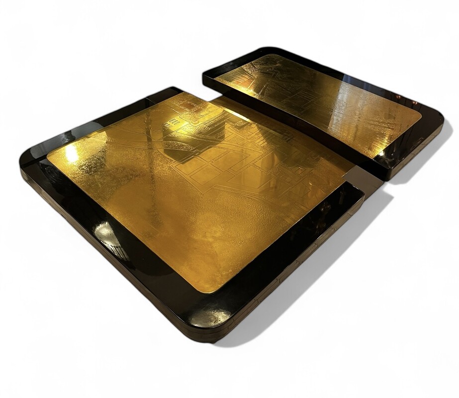 F 725 YD black laquered wood and resin  table with brass top, circa 1970–