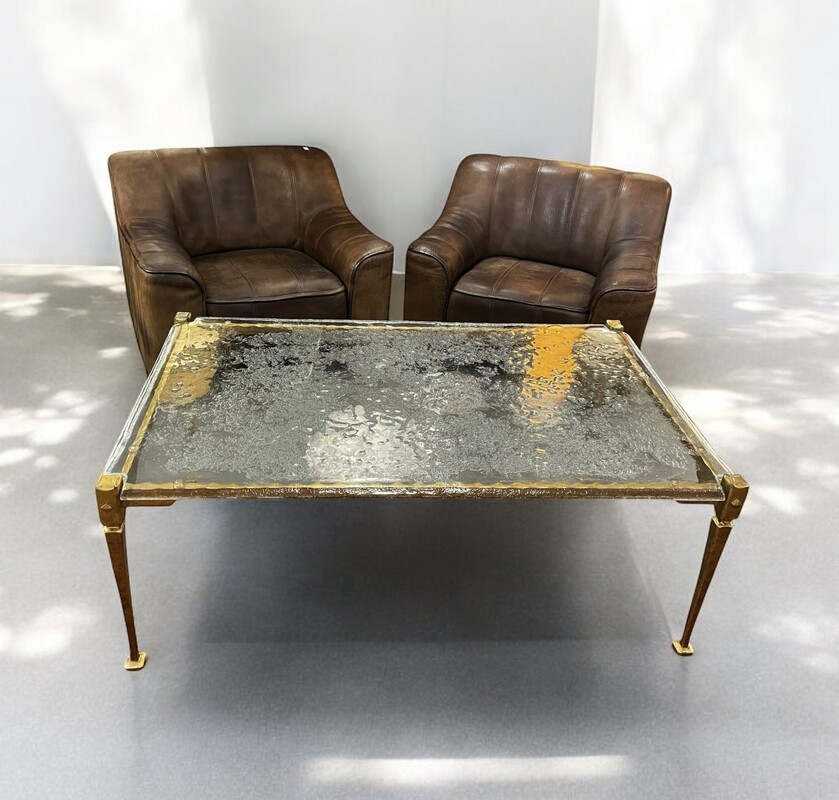 F 852 JC Brutalist bronze and glass coffee table by Lothar Klute 