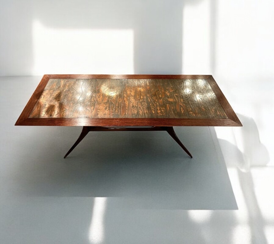 F 864 AG scandinavian  rosewood and hetched copper top coffee table, circa 1960