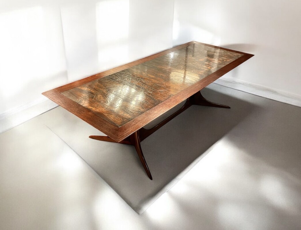 F 864 AG scandinavian  rosewood and hetched copper top coffee table, circa 1960