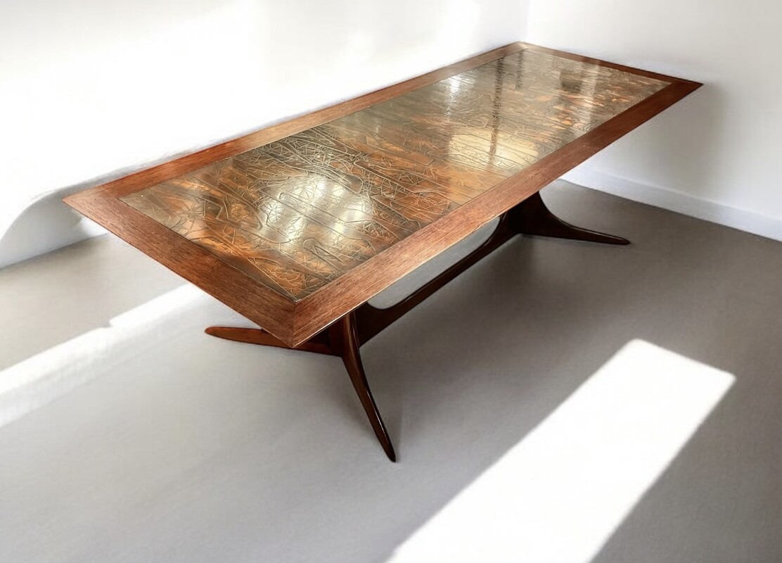 F 864 AG scandinavian  rosewood and hetched copper top coffee table, circa 1960