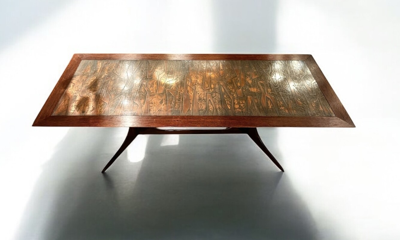 F 864 AG scandinavian  rosewood and hetched copper top coffee table, circa 1960