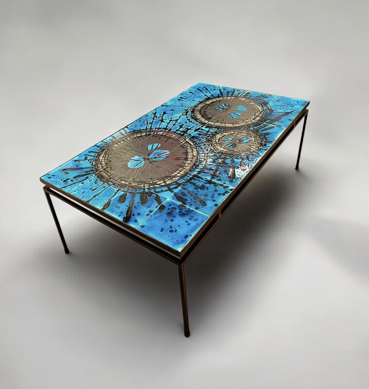 F 887 AS blue ceramic tiles coffee table signed Belarti 