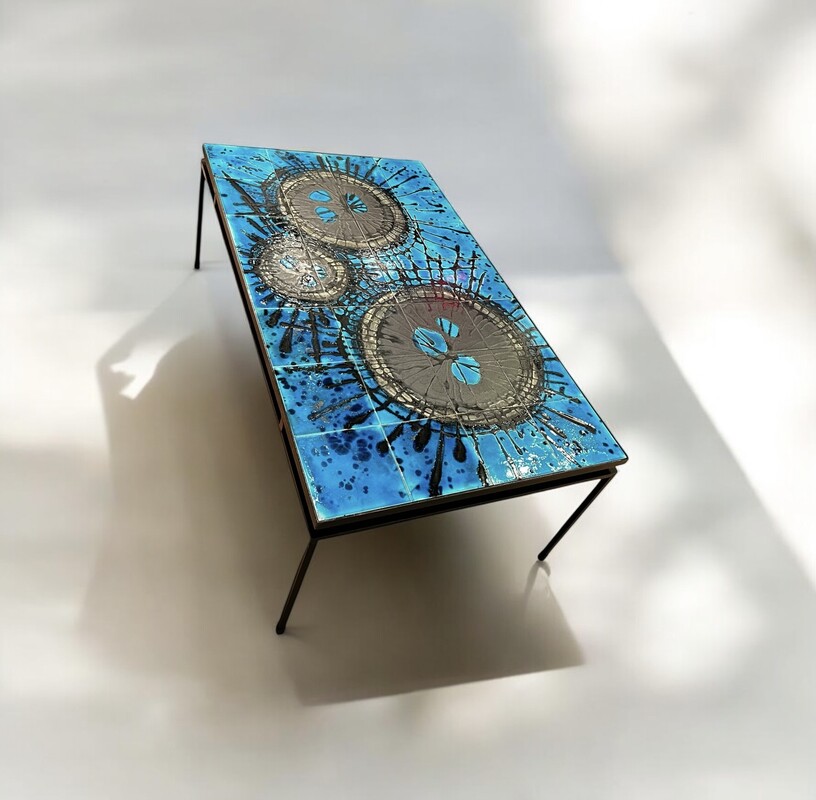 F 887 AS blue ceramic tiles coffee table signed Belarti 