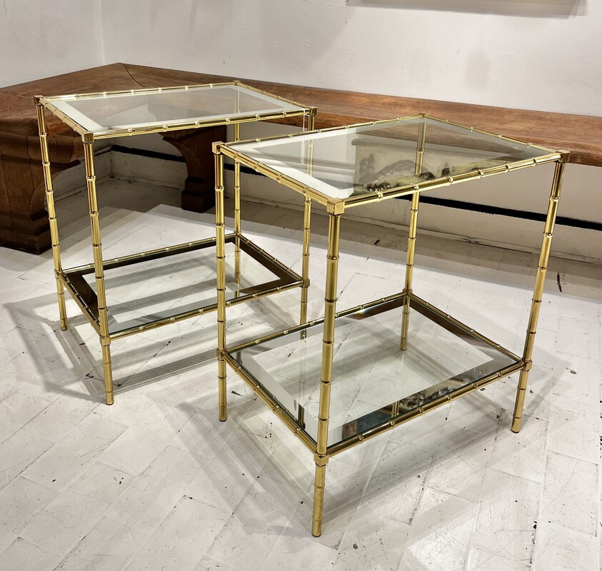 F 888 RD Gilt brass faux bamboo and mirrored glass side tables, France 1970s