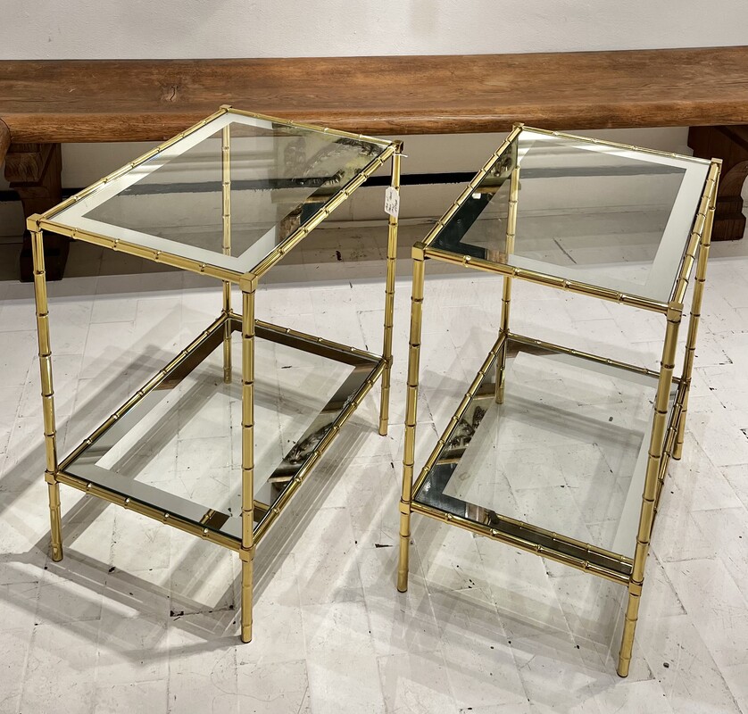 F 888 RD Gilt brass faux bamboo and mirrored glass side tables, France 1970s