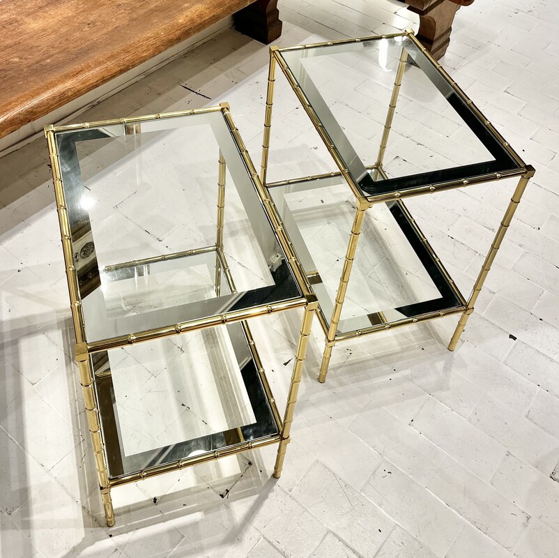 F 888 RD Gilt brass faux bamboo and mirrored glass side tables, France 1970s