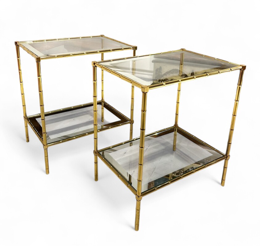 F 888 RD Gilt brass faux bamboo and mirrored glass side tables, France 1970s