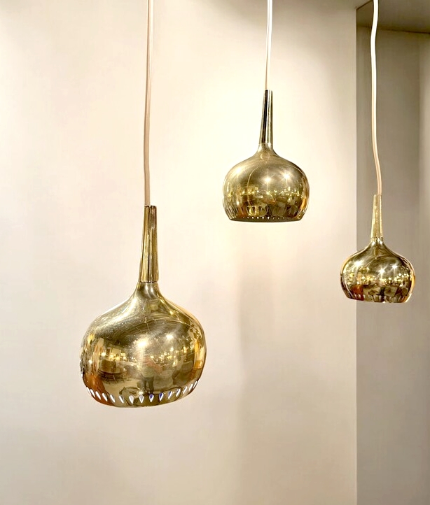 L 328 JC Set 3 gilt brass hanging lamps by HA Jakobsson Sweden 1950s