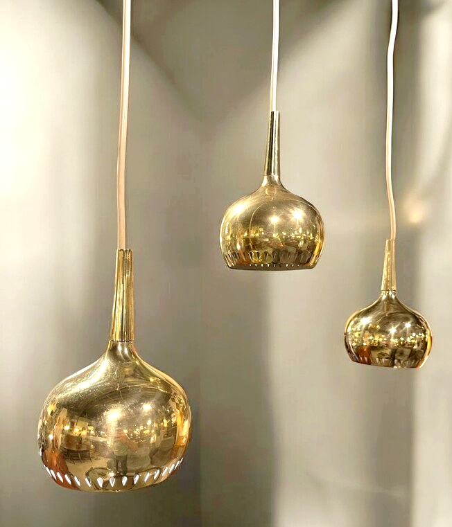 L 328 JC Set 3 gilt brass hanging lamps by HA Jakobsson Sweden 1950s