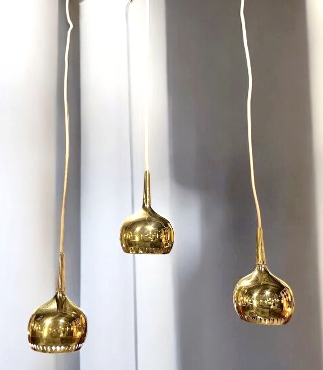 L 328 JC Set 3 gilt brass hanging lamps by HA Jakobsson Sweden 1950s