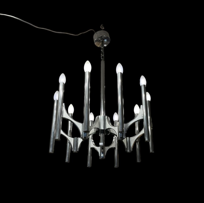 L 335 AG white and chrome chandelier by Gaetano Sciolari , 1970’s