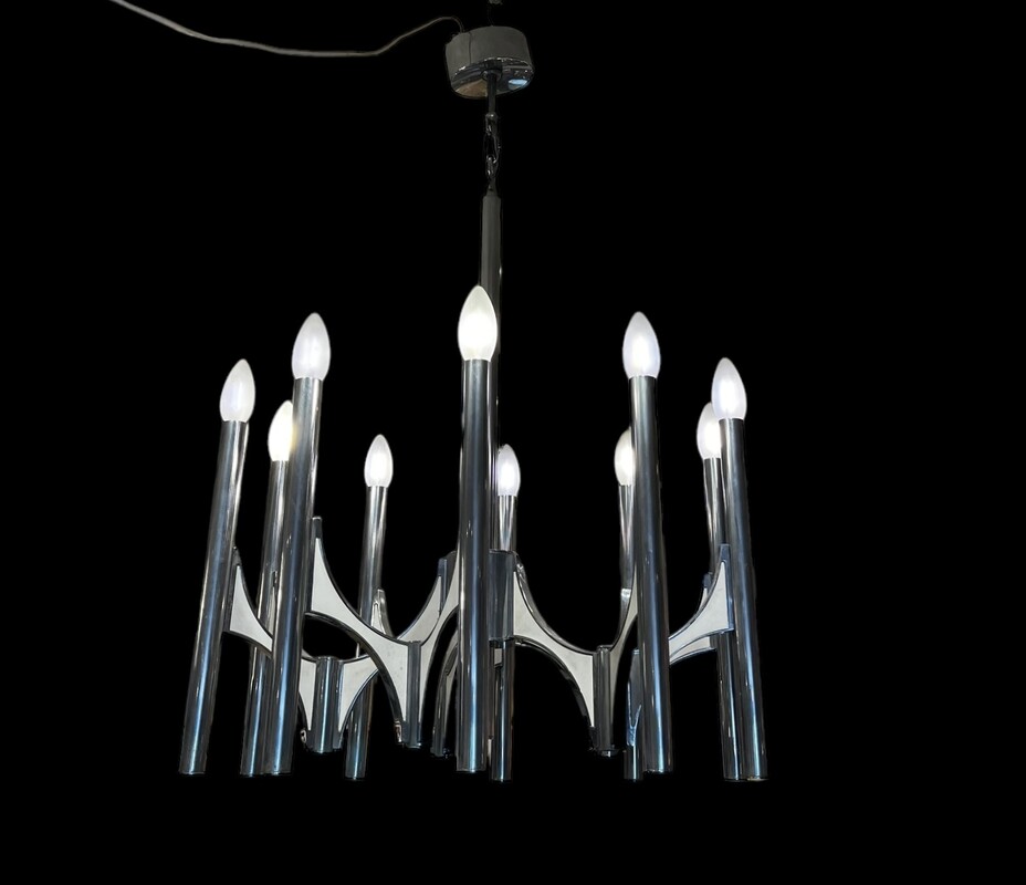 L 335 AG white and chrome chandelier by Gaetano Sciolari , 1970’s