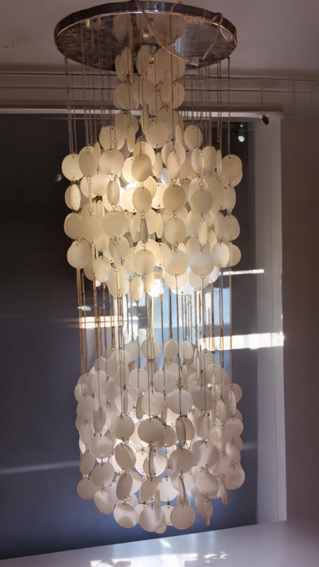 L 338 JC Panton chandelier with Murano hammered opaline glass pendants 1970s