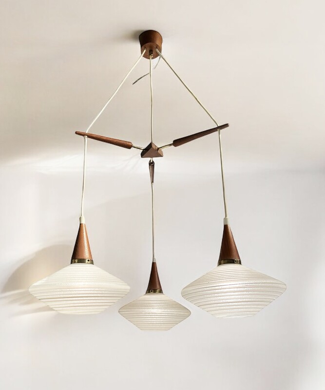 L 348 AS scandinavian chandelier, teak, opaline and brass, circa 1955