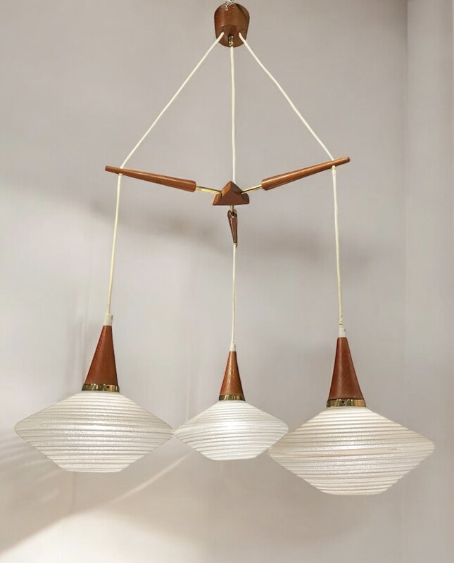 L 348 AS scandinavian chandelier, teak, opaline and brass, circa 1955