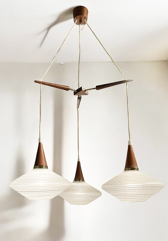 L 348 AS scandinavian chandelier, teak, opaline and brass, circa 1955