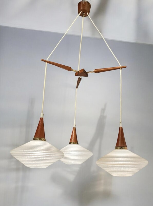 L 348 AS scandinavian chandelier, teak, opaline and brass, circa 1955