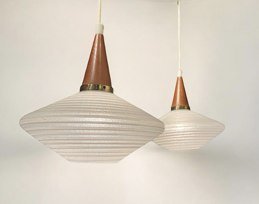 L 348 AS scandinavian chandelier, teak, opaline and brass, circa 1955