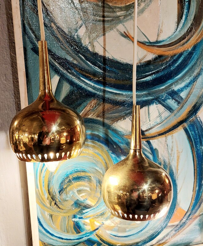 L  352 JC Pair brass hanging lamps by Hans Agne Jakobsson, Sweden 1950s