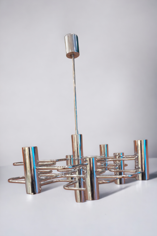 L 376 JC Graphic nickel plated chandelier by Sciolari 1970s