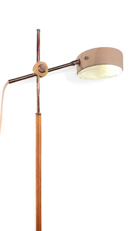 L 406 JC Anders Pehrson, floorlamp, leather, chromed metal, plastic, Sweden, 1960s