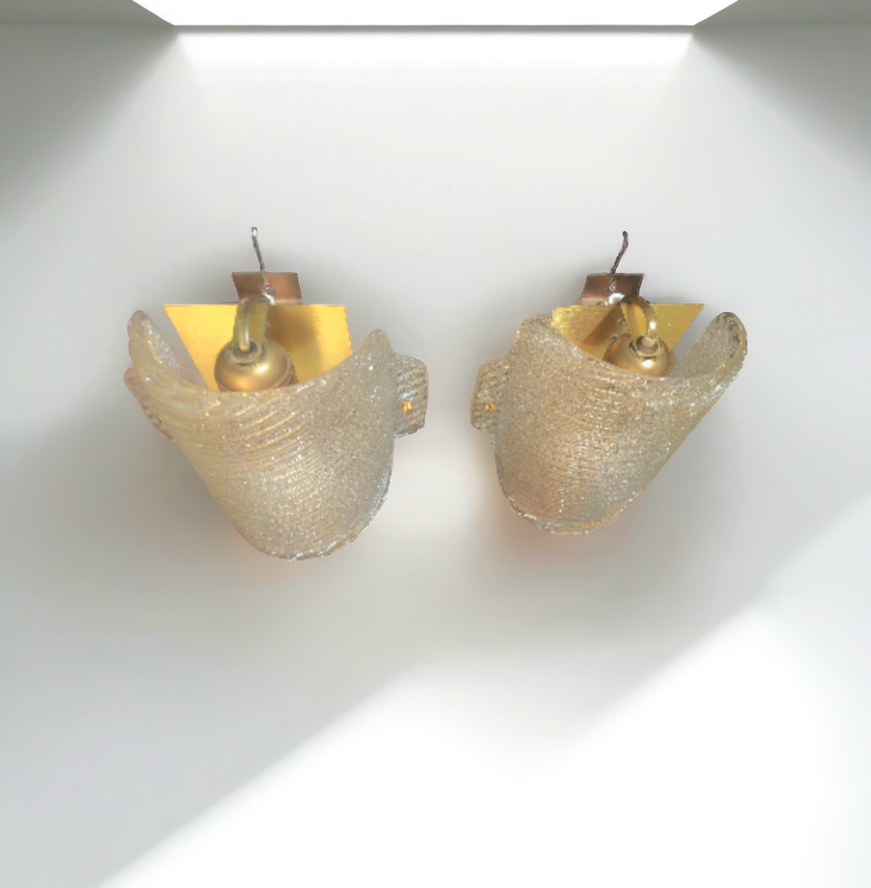 L 438 JC Pair Frozen glass wall lamps, Murano 1980s