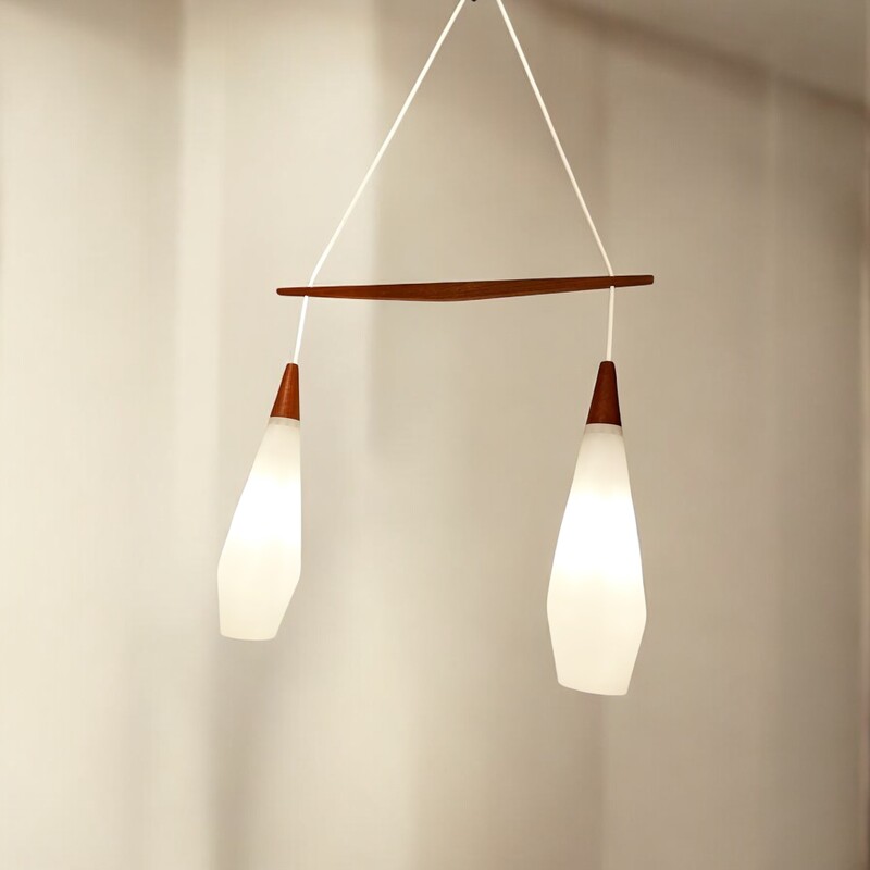 L 447 JB Teak & Opalin glass pendant Denmark, 1960s