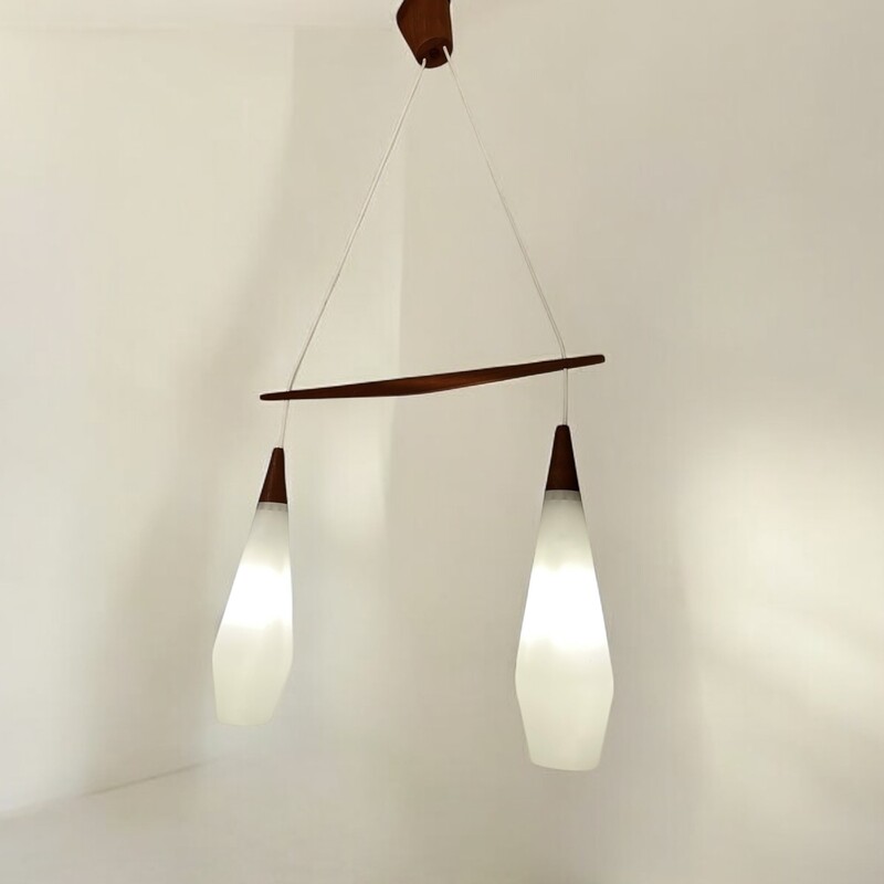 L 447 JB Teak & Opalin glass pendant Denmark, 1960s