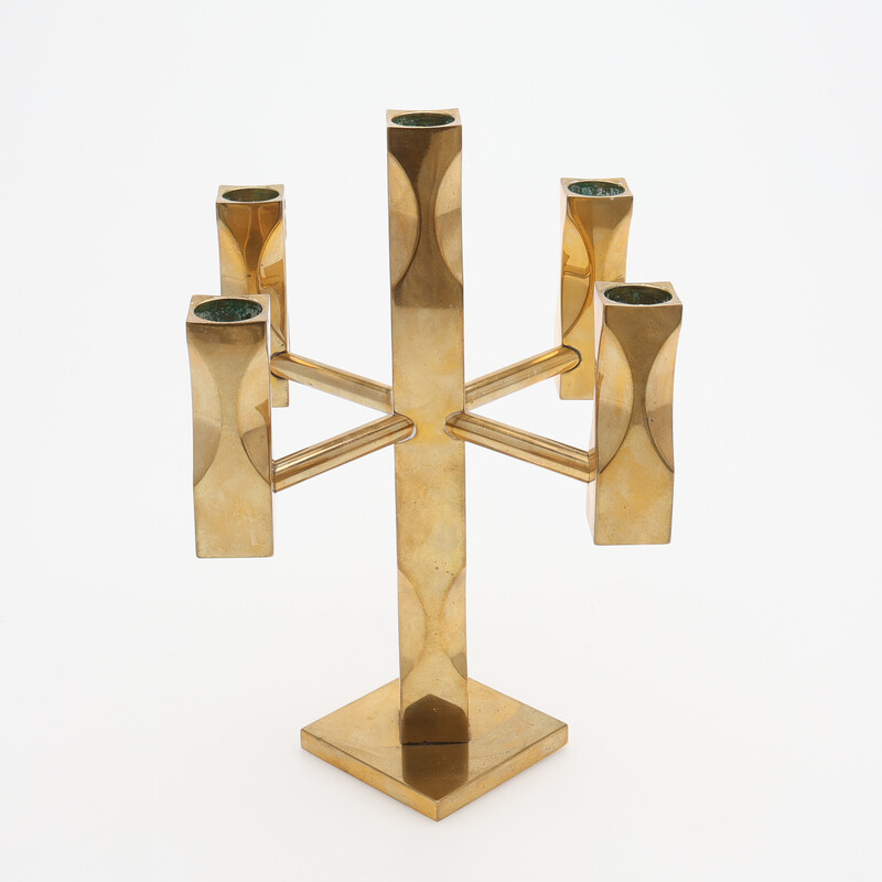 M 163 JC Brass candelabras produced by Vallonmässing in Sweden during the 1980s. Made from solid polished brass. Engraved.