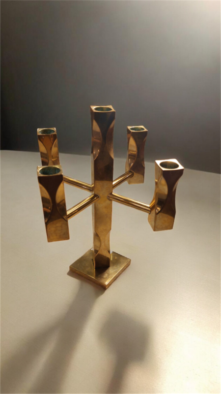 M 163 JC Brass candelabras produced by Vallonmässing in Sweden during the 1980s. Made from solid polished brass. Engraved.