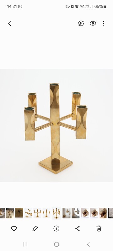 M 163 JC Brass candelabras produced by Vallonmässing in Sweden during the 1980s. Made from solid polished brass. Engraved.